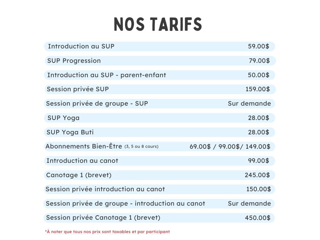 Liste des prix par cours de l'École de pagaie Canots Légaré